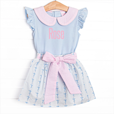 Satin Ribbon Seersucker Skirt Set, Blue