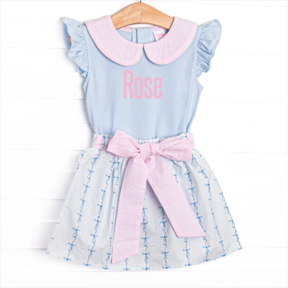 Satin Ribbon Seersucker Skirt Set, Blue