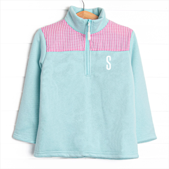 Sawyer Fleece Pullover, Mint and Pink Gingham