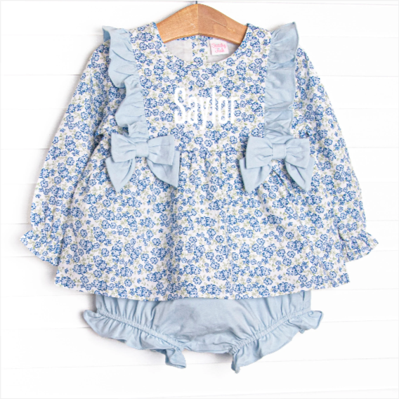 Saylor Floral Bow Diaper Set, Blue