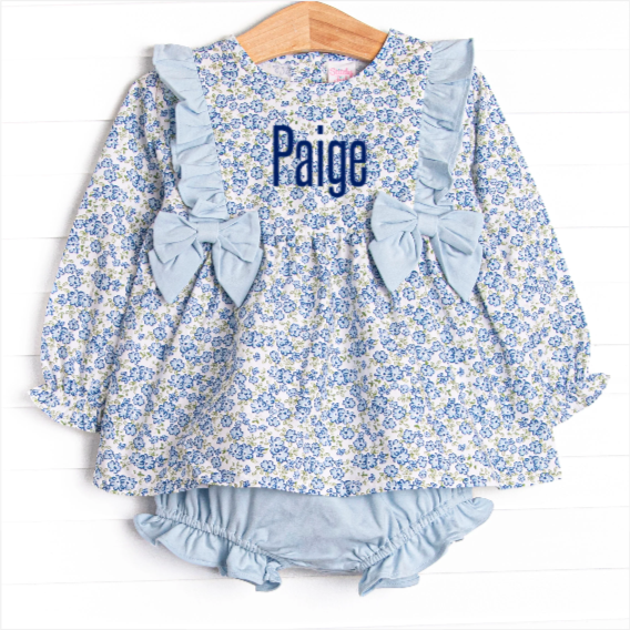 Saylor Floral Bow Diaper Set, Blue