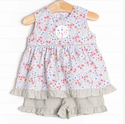 English Garden Gingham Ruffle Short Set, Green
