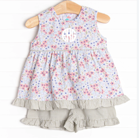 English Garden Gingham Ruffle Short Set, Green
