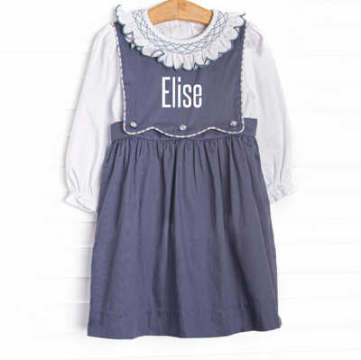 Bleu: Elise Smocked Long Sleeve Dress Set, Navy and Tan Plaid