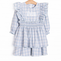 Bleu: Vivian Smocked Long Sleeve Dress, Light Blue and Tan Plaid
