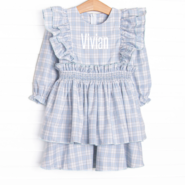 Bleu: Vivian Smocked Long Sleeve Dress, Light Blue and Tan Plaid