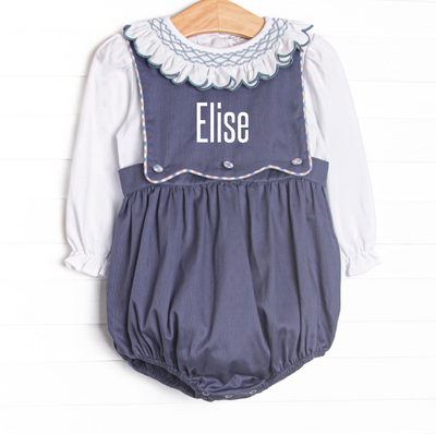 Bleu: Elise Smocked Long Sleeve Bubble Set, Navy and Tan Plaid