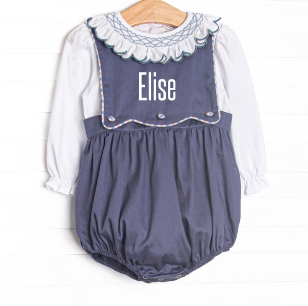 Bleu: Elise Smocked Long Sleeve Bubble Set, Navy and Tan Plaid