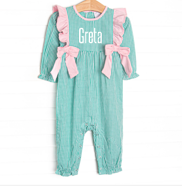 Greta Gingham Side Tie Romper, Green