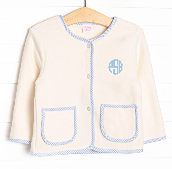 Cuddle Up Coat, Cream and Blue Gingham Trim
