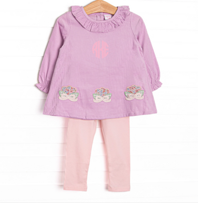 Petunia Purple Petals Applique Ruffle Neck Legging Set, Purple