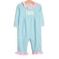 Lexie Ruffle Romper, Pink and Mint Stripe