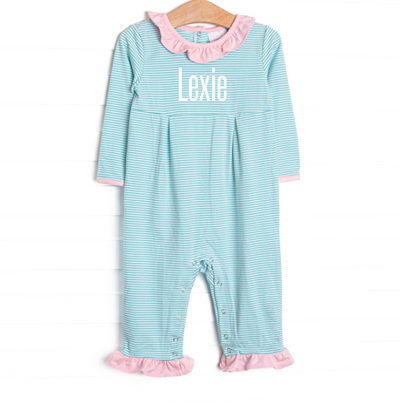 Lexie Ruffle Romper, Pink and Mint Stripe