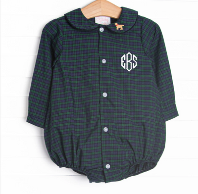 Puppy Plaid Embroidered Bubble, Blue