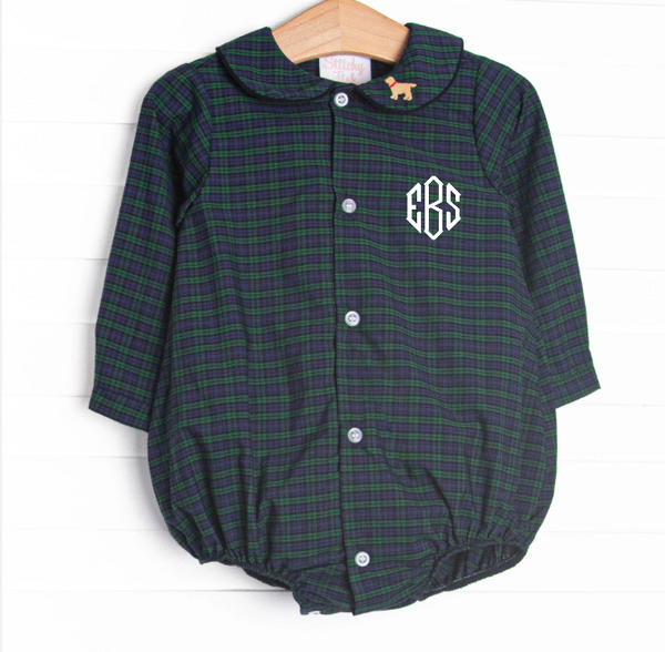Puppy Plaid Embroidered Bubble, Blue