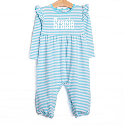 Gracie Romper, Aqua Stripe