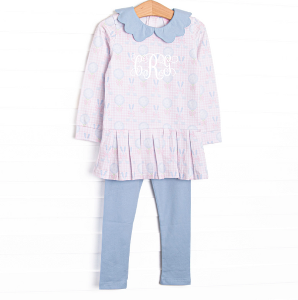 Golfing in Gingham Long Sleeve Scalloped Collar Legging Set, Pink