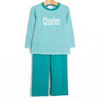 Charles Long Sleeve Pant Set, Teal Stripe