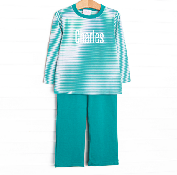 Charles Long Sleeve Pant Set, Teal Stripe