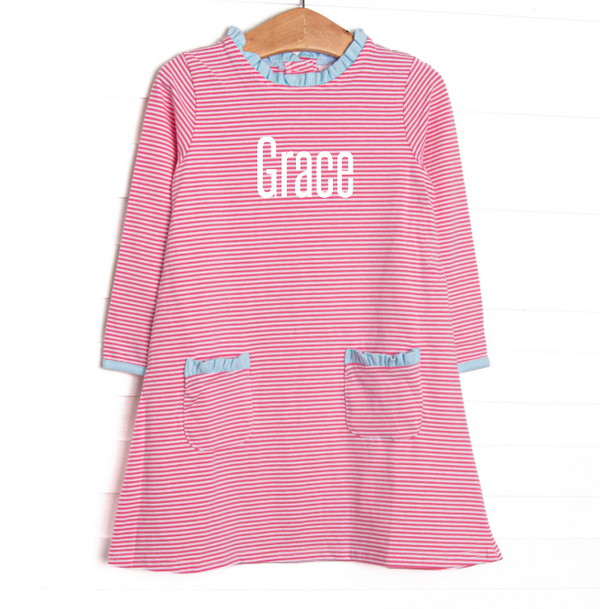 Grace Long Sleeve Pocket Dress, Light Blue and Medium Pink Stripe