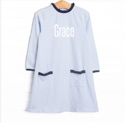 Grace Long Sleeve Pocket Dress, Navy and Light Blue Stripe