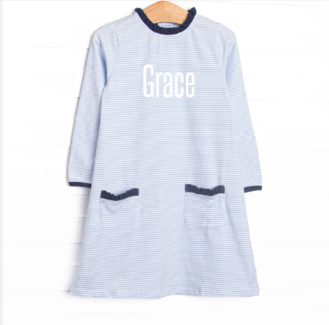 Grace Long Sleeve Pocket Dress, Navy and Light Blue Stripe