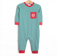 Luca Pocket Romper, Red and Green Stripe
