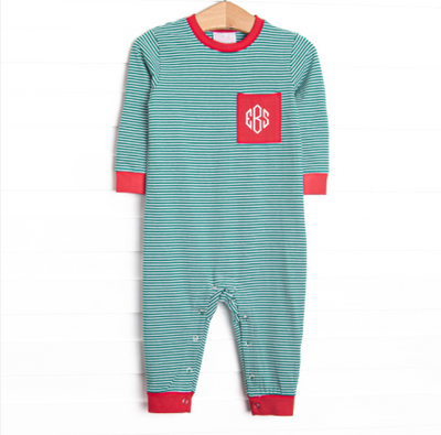 Luca Pocket Romper, Red and Green Stripe
