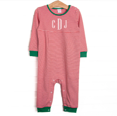 Christmas Time Stripes Pima Romper, Red