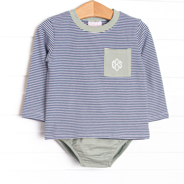 Evan Long Sleeve Pocket Diaper Set, Sage and Navy Stripe