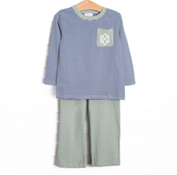 Evan Pant Set, Sage and Navy Stripe