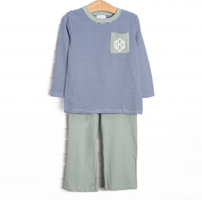Evan Pant Set, Sage and Navy Stripe