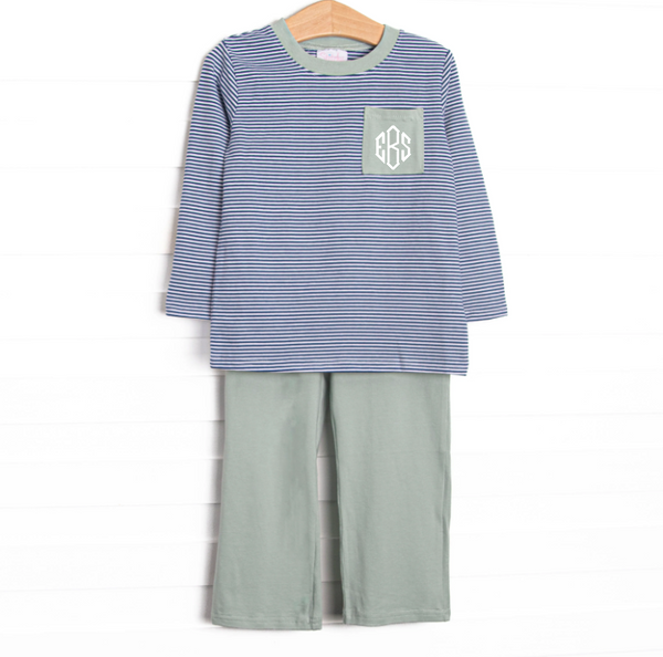 Evan Pant Set, Sage and Navy Stripe