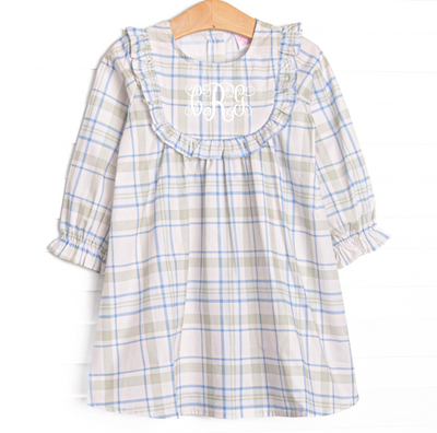 Sage and Sky Plaid Long Sleeve Ruffle Dress, Green