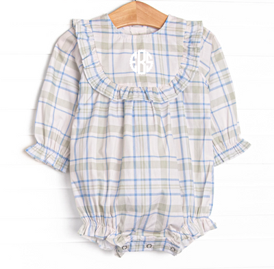 Sage and Sky Plaid Long Sleeve Ruffle Bubble, Green