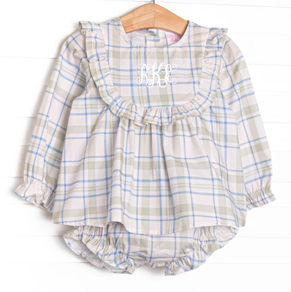 Sage and Sky Plaid Long Sleeve Ruffle Diaper Set, Green