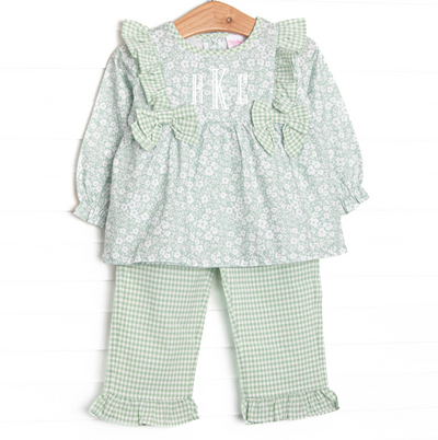 Garden Gate Gingham Side Tie Ruffle Pant Set, Green