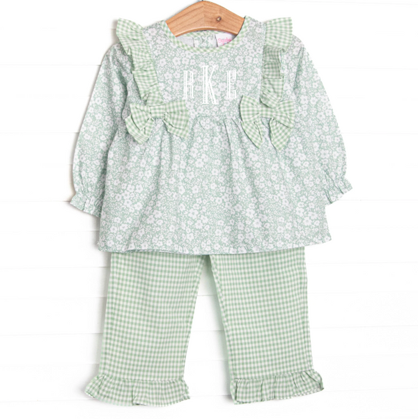 Garden Gate Gingham Side Tie Ruffle Pant Set, Green