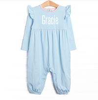 Gracie Romper, Light Blue and Peach Stripe