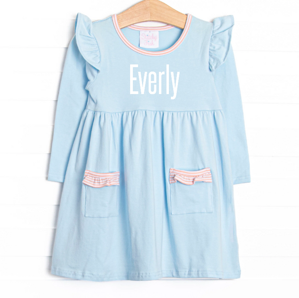 Everly Long Sleeve Dress, Light Blue and Peach Stripe