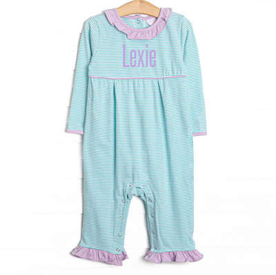 Lexie Ruffle Romper, Purple and Mint Stripe