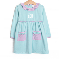 Zoe Ruffle Pocket Dress, Purple and Mint Stripe