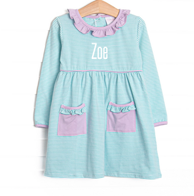 Zoe Ruffle Pocket Dress, Purple and Mint Stripe