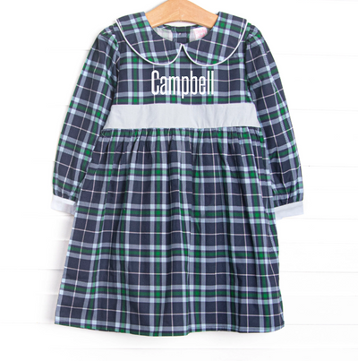 Campbell Long Sleeve Collared Dress, Navy Plaid