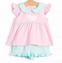 Pippa Flutter Sleeve Short Set, Mint and Light Pink Stripe