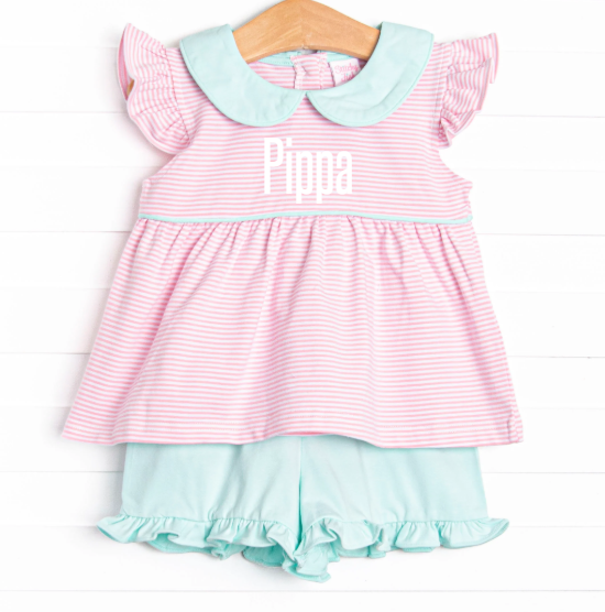 Pippa Flutter Sleeve Short Set, Mint and Light Pink Stripe