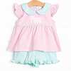Pippa Flutter Sleeve Short Set, Mint and Light Pink Stripe