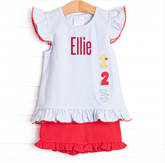 Easy As 1, 2, 3 Applique Ruffle Short Set, Blue Stripe