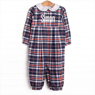 Simon Romper, Navy and Red Plaid