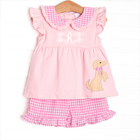 Sit, Stay, Play Applique Ruffle Short Set, Pink